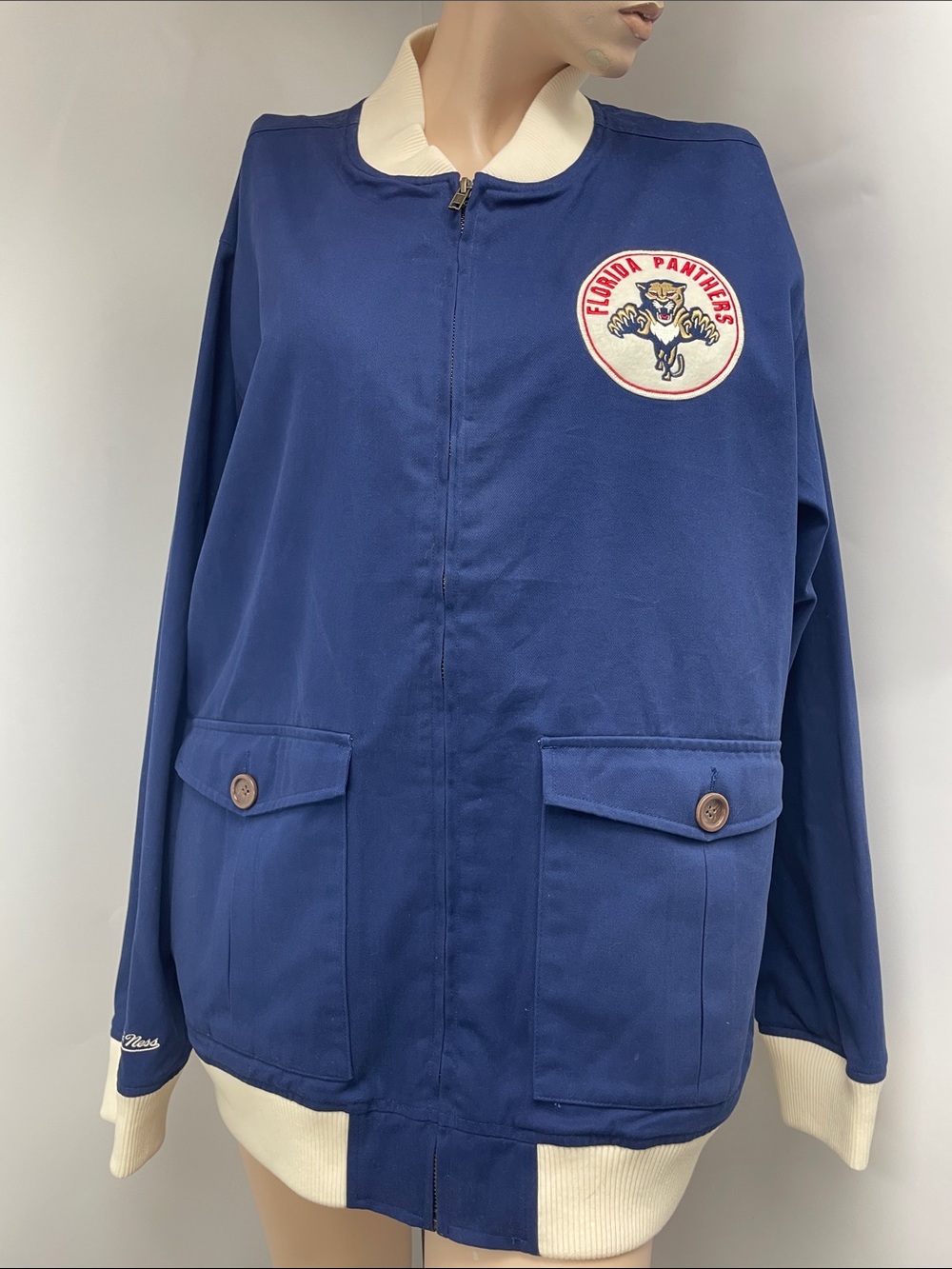 Mitchell & Ness Men's Navy Bomber Jacket with Cream Trim and Panthers Patch, XL